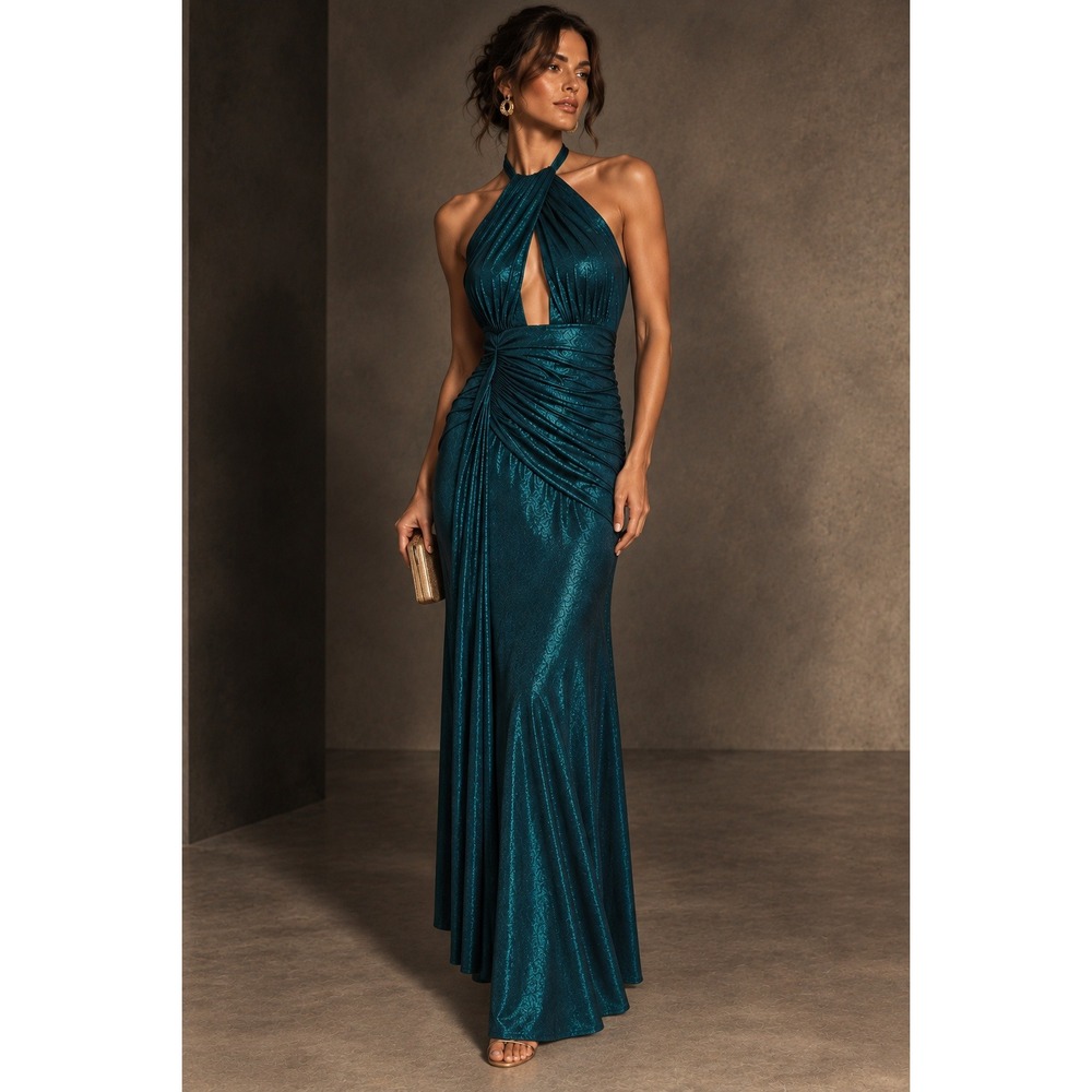 PatBO Teal Metallic Jersey Halter Gown Ruched Maxi Dress S Glam Goddess Formal